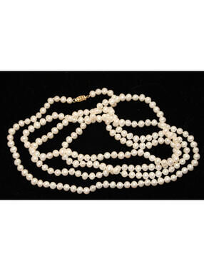 Vintage Single Strand Pearl Necklace 54" Long w. 14k Gold Clasp